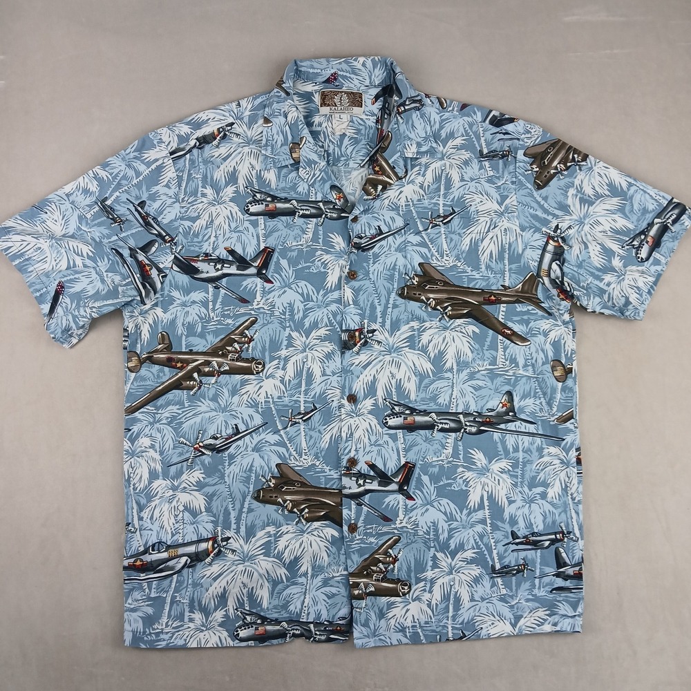 Kalaheo Large Mens Shirt Hawaiian Camp Fighter Bomber Airplane USA 23x28